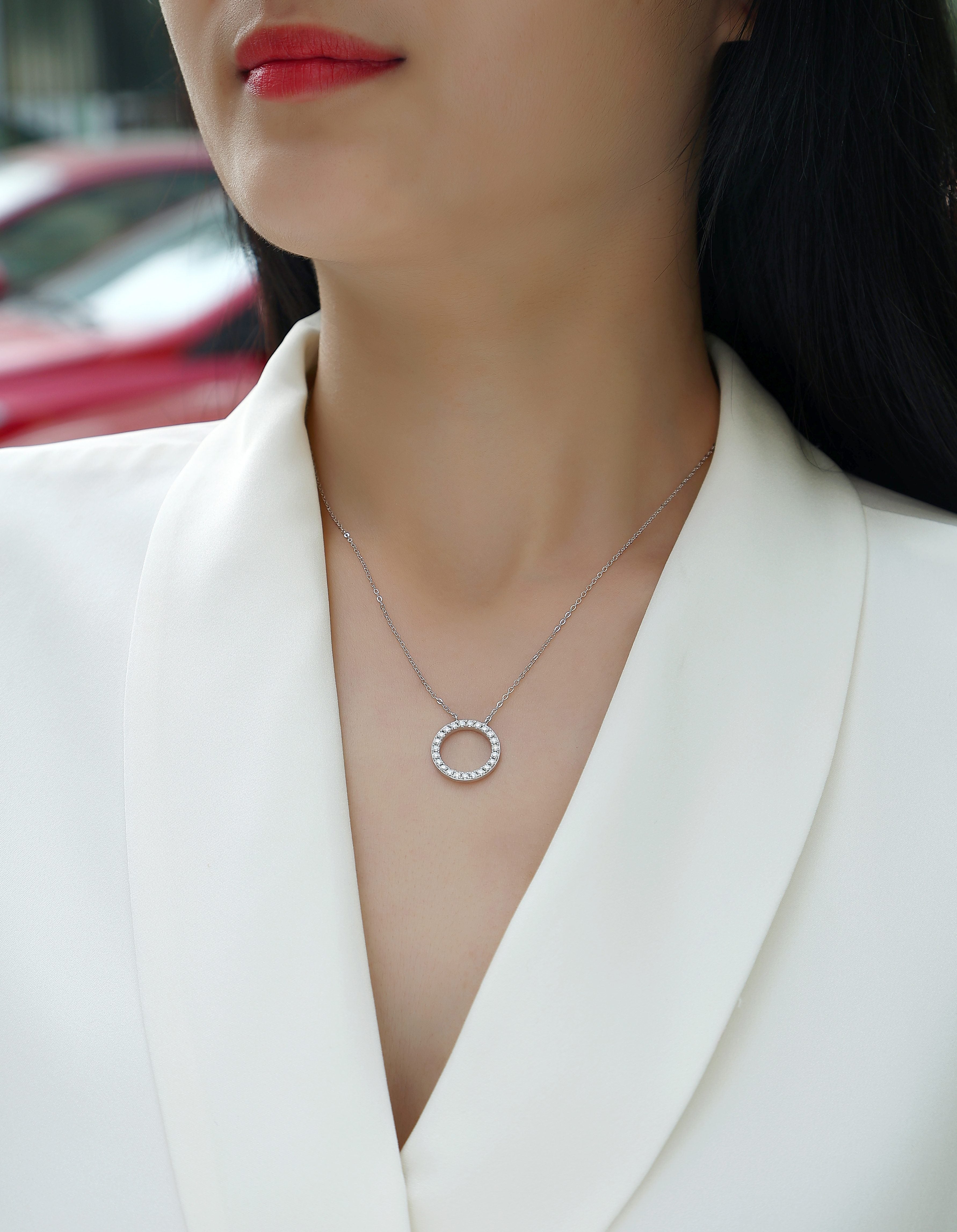 S925 Sterling Silver Moissanite Circle Pendant Necklace 40cm Elegant Fine Jewelry