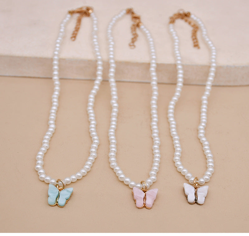 White Pearl Choker Necklace with Butterfly Charm for Women