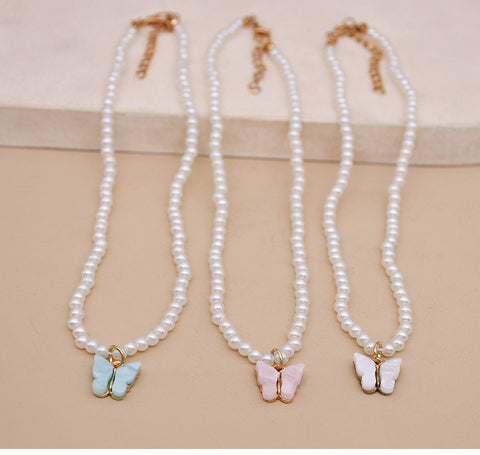 White Pearl Choker Necklace with Butterfly Charm for Women