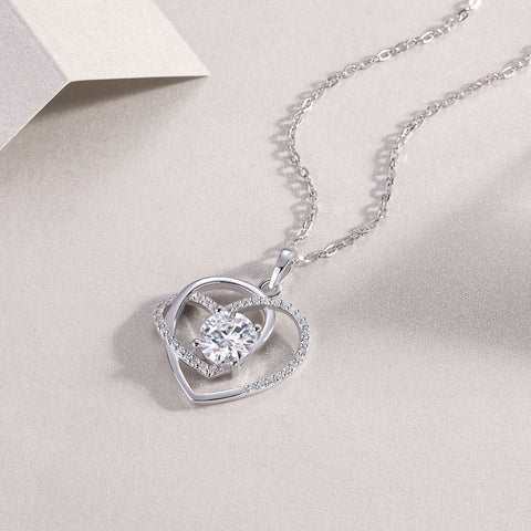 1Carat Moissanite Heart Pendant Necklace in S925 Silver Elegant Interlocking Heart Design