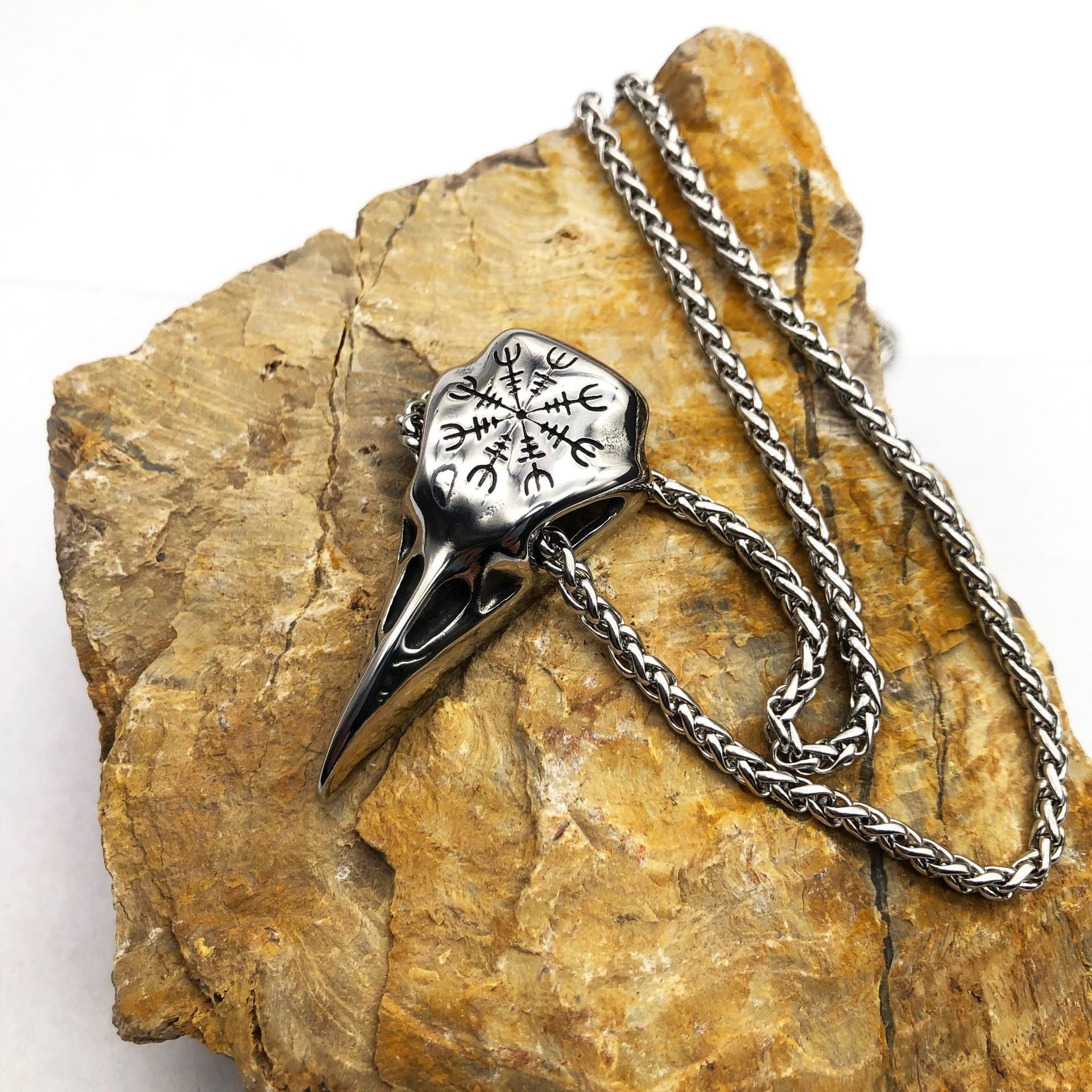 Mens Bold Viking Skull Eagle Beak Pendant Necklace