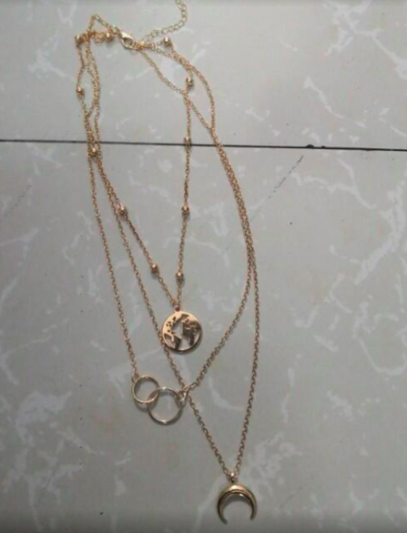 Boho Multilayer Moon and Map Necklace with Ring Set