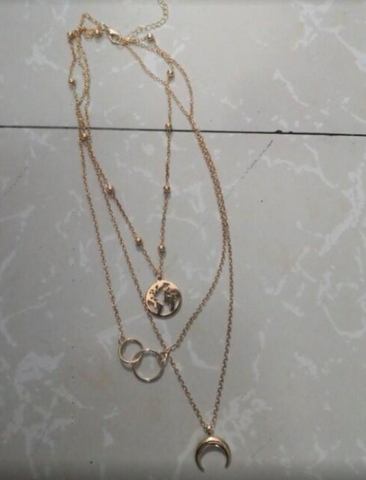 Boho Multilayer Moon and Map Necklace with Ring Set