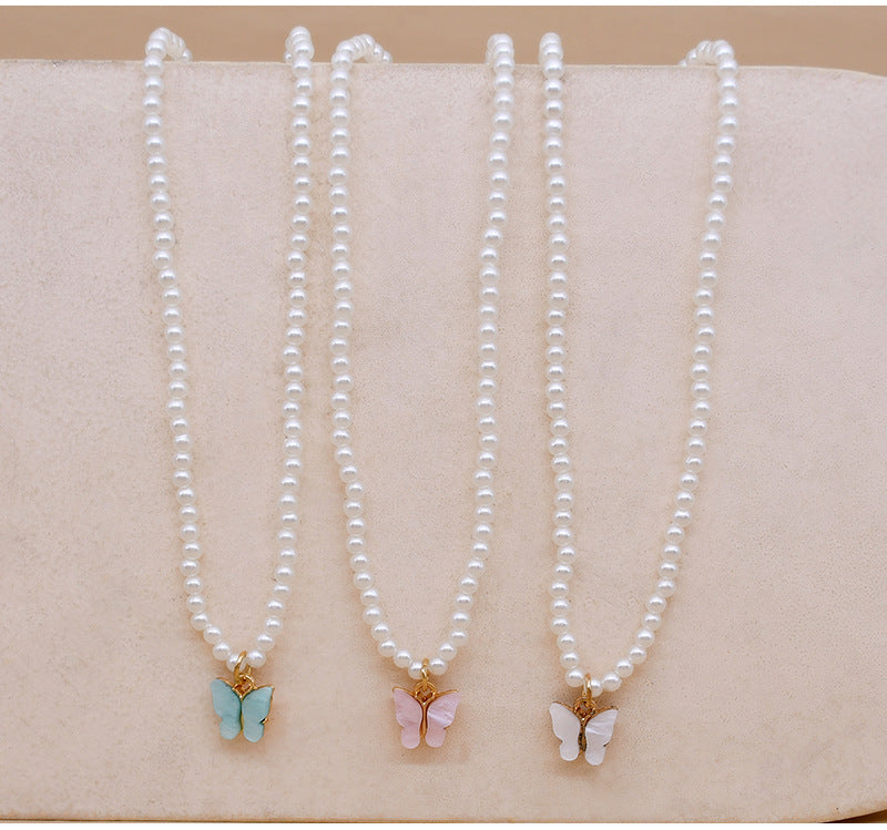 White Pearl Choker Necklace with Butterfly Charm for Women