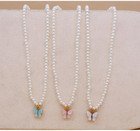 White Pearl Choker Necklace with Butterfly Charm for Women
