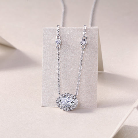 Egg-Shaped Moissanite Pendant Necklace in S925 Sterling Silver with Platinum Plating