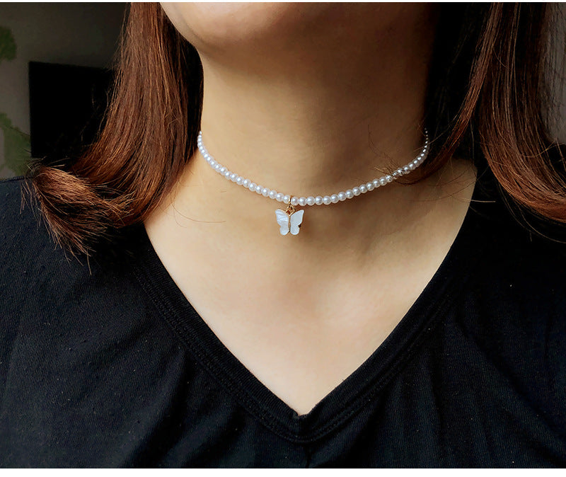 White Pearl Choker Necklace with Butterfly Charm for Women