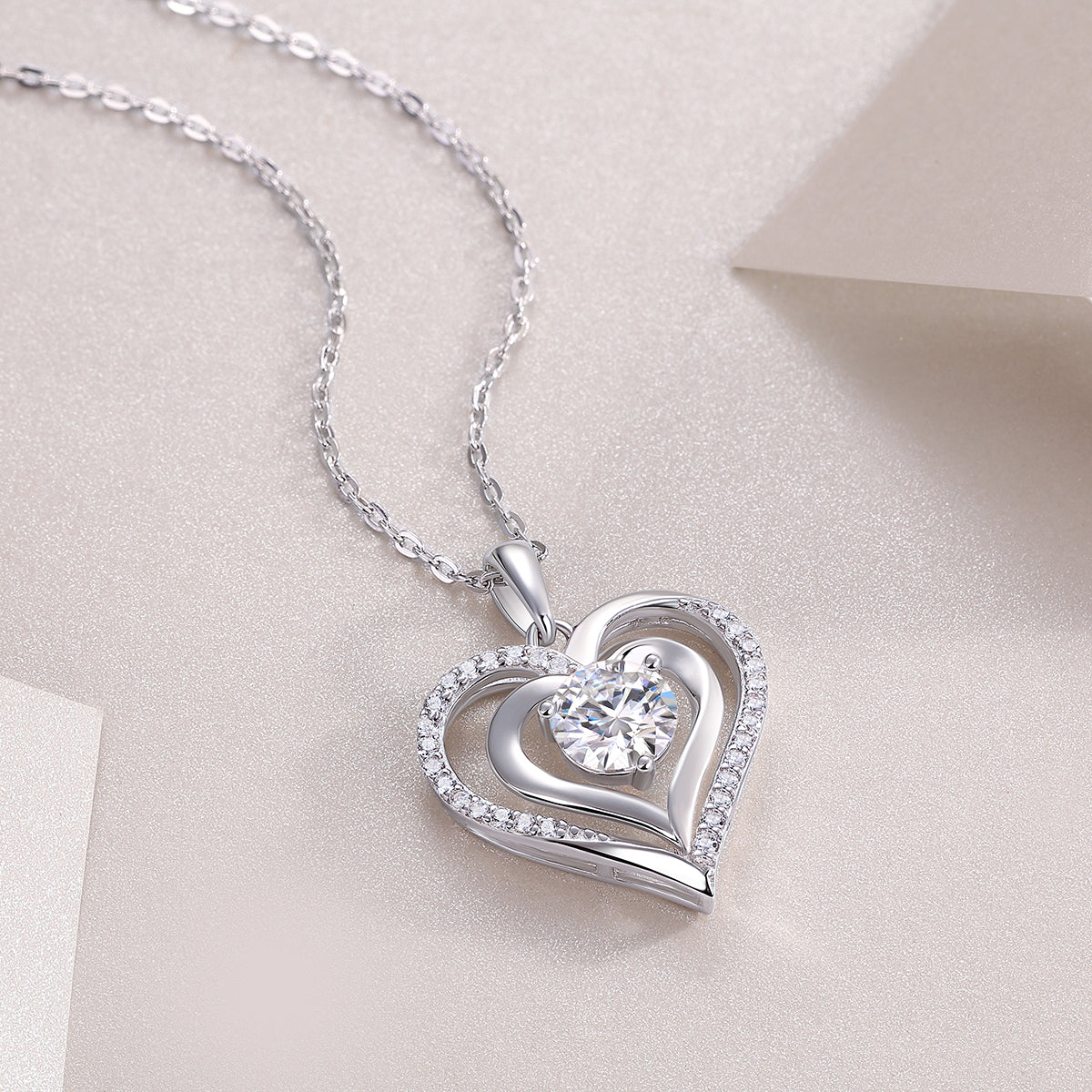 1-Carat Moissanite Heart Pendant Necklace in S925 Sterling Silver with Platinum Plating
