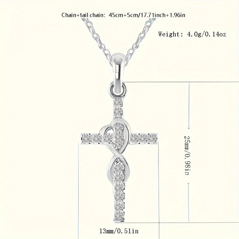 Gold Alloy Cross Necklace with Diamond Accent and Eight-character Design - 1