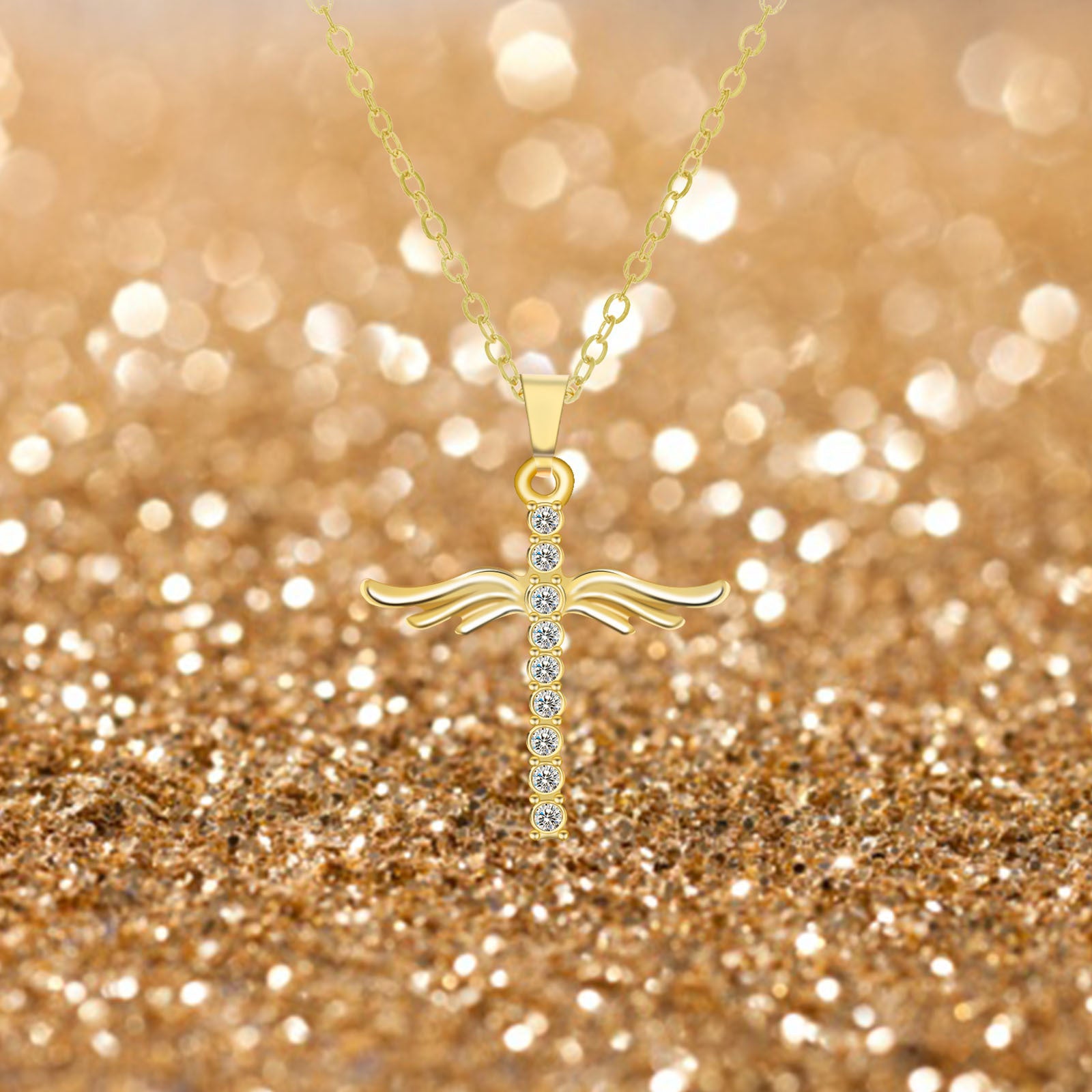 Angel Wings Cross Pendant Necklace with Stainless Steel Chain for Women
