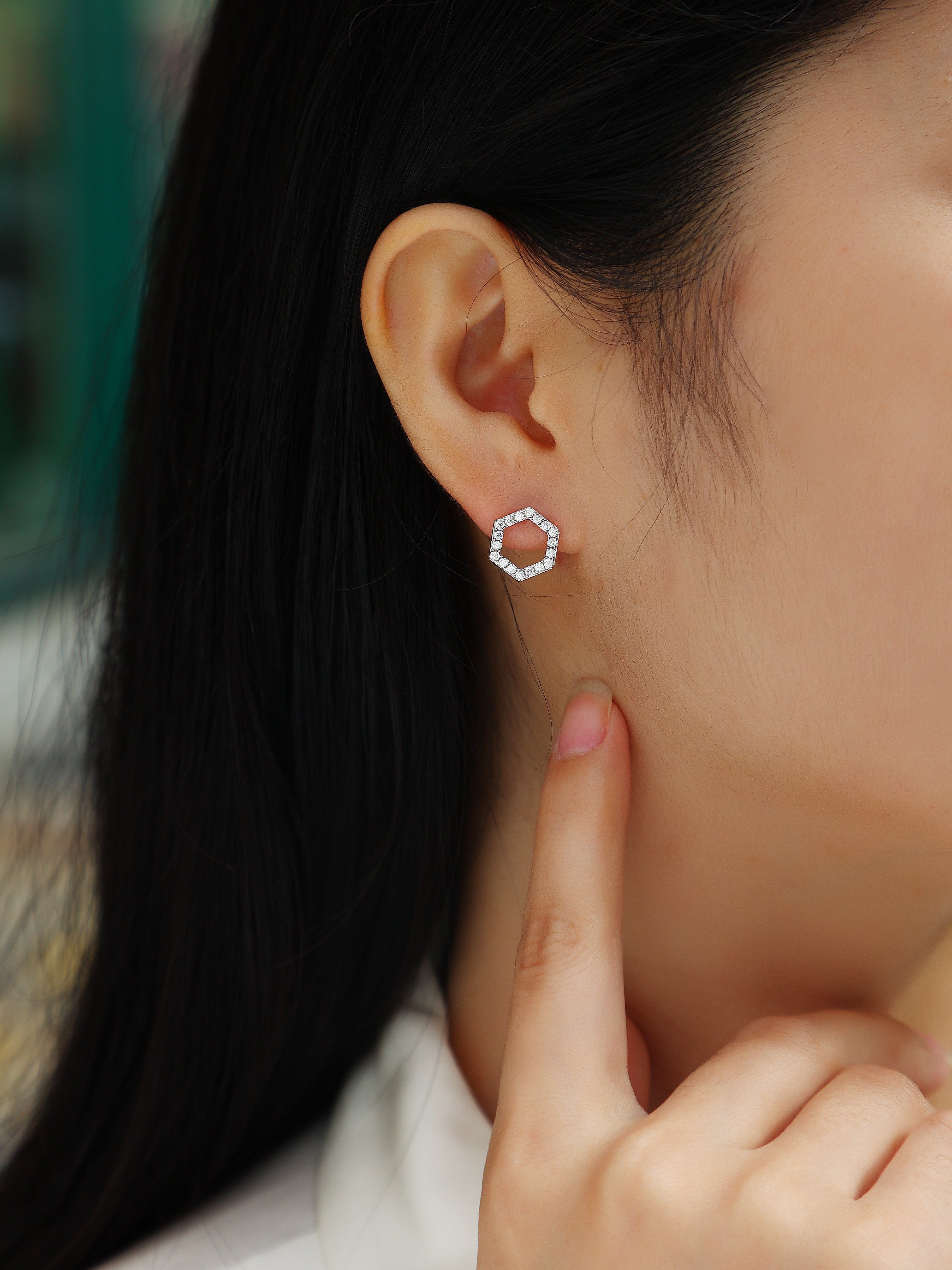 S925 Sterling Silver Hexagon Moissanite Stud Earrings Modern Minimalist Fine Jewelry