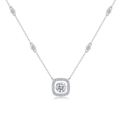 1Sweet Moissanite Pendant Necklace Set in S925 Sterling Silver with Platinum Plating