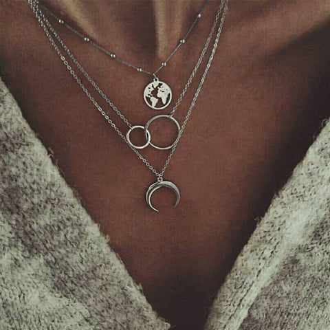 Boho Multilayer Moon and Map Necklace with Ring Set