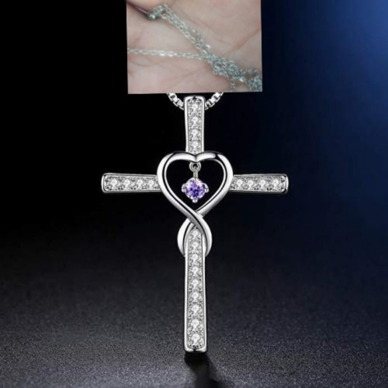 Gold Plated Christian Cross Pendant Necklace with Birthstone Crystal - 3