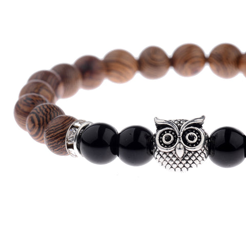 Owl Wood Grain Beaded Bracelet with Frosted Stone Accents