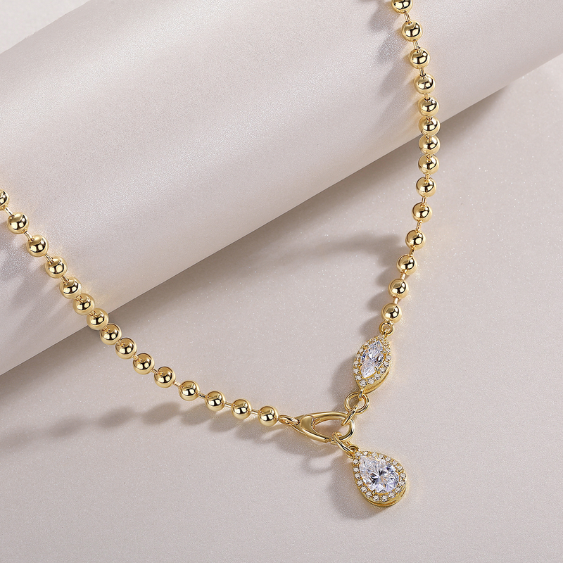 S925 Sterling Silver Moissanite Pendant Necklace with Gold-Plated Beaded Chain - 4