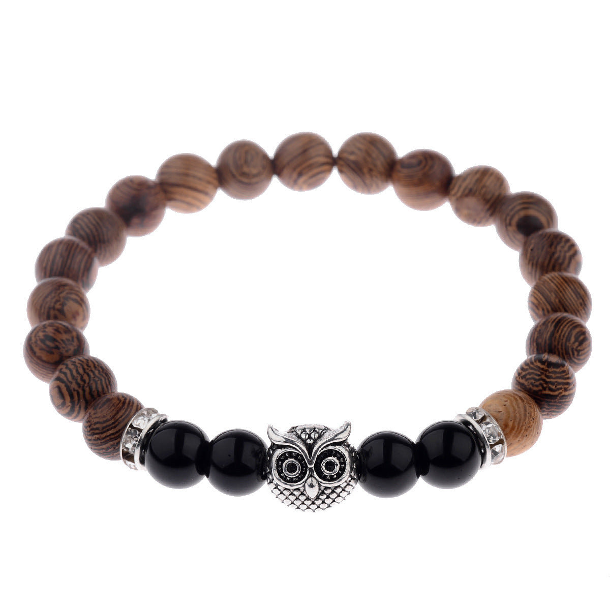 Owl Wood Grain Beaded Bracelet with Frosted Stone Accents