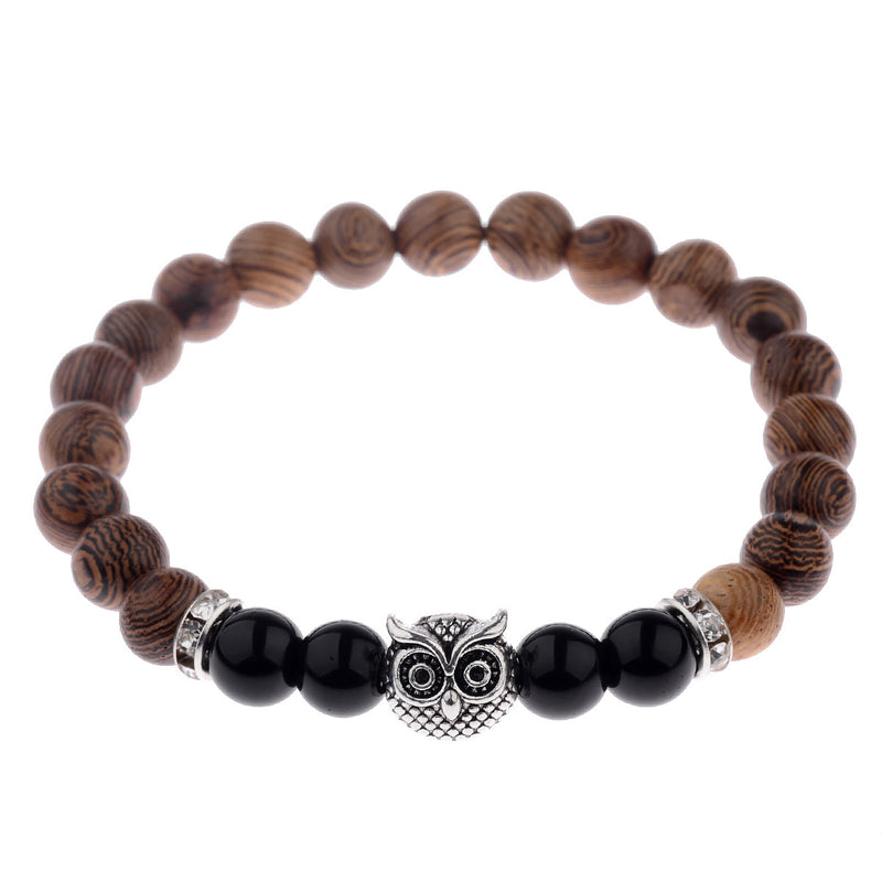 Owl Wood Grain Beaded Bracelet with Frosted Stone Accents - 11
