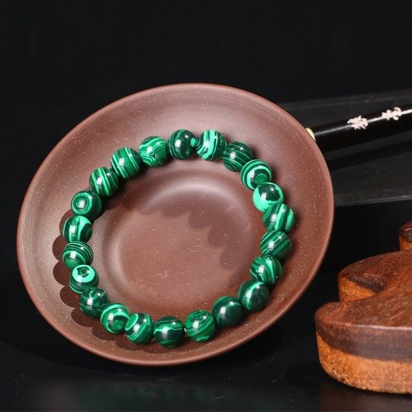 Unisex Black Matte and Green Malachite Beaded Elastic Bracelet