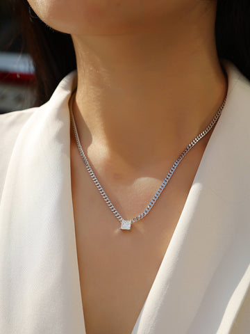 S925 Sterling Silver Square Moissanite Pendant Necklace Fashion Jewelry