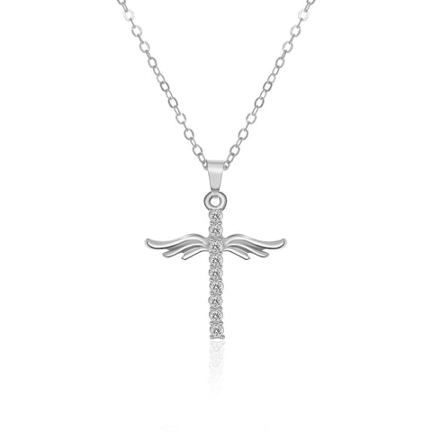 Angel Wings Cross Pendant Necklace with Stainless Steel Chain for Women