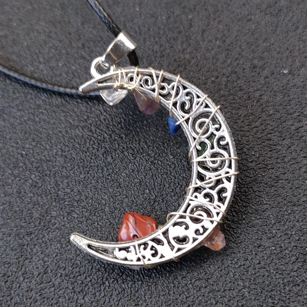 Seven Chakras Crystal Moon Pendant Necklace with Pentagram Design