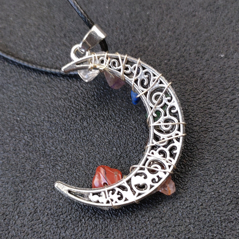 Seven Chakras Crystal Moon Pendant Necklace with Pentagram Design - 2