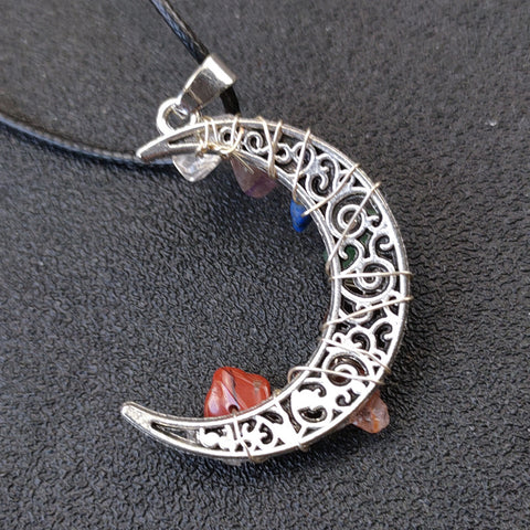 Seven Chakras Crystal Moon Pendant Necklace with Pentagram Design