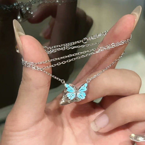Blue Glow Butterfly Necklace and Bracelet Set for Women