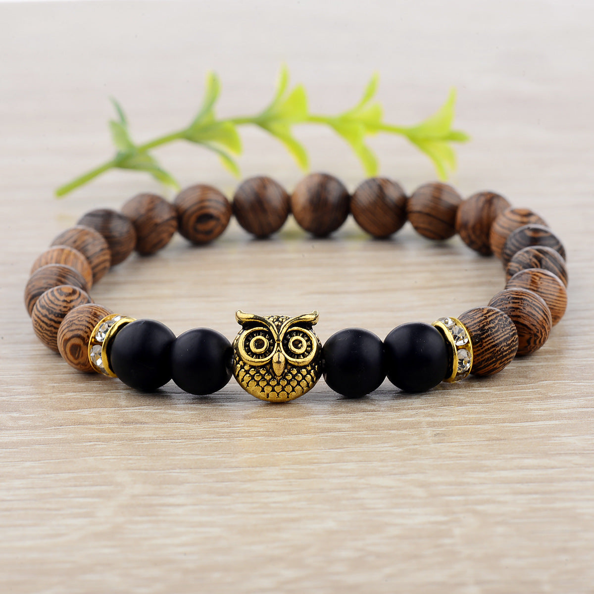 Owl Wood Grain Beaded Bracelet with Frosted Stone Accents