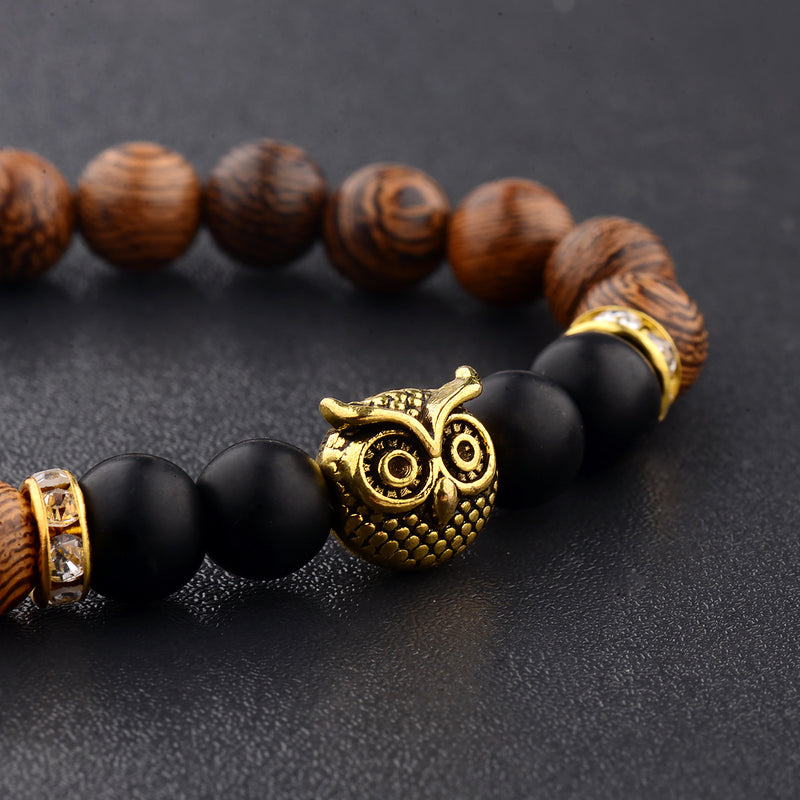 Owl Wood Grain Beaded Bracelet with Frosted Stone Accents - 7