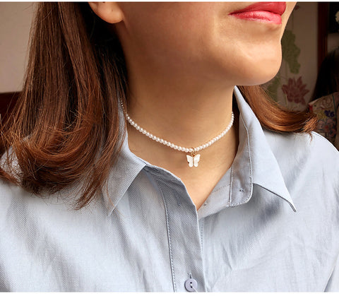 White Pearl Choker Necklace with Butterfly Charm for Women