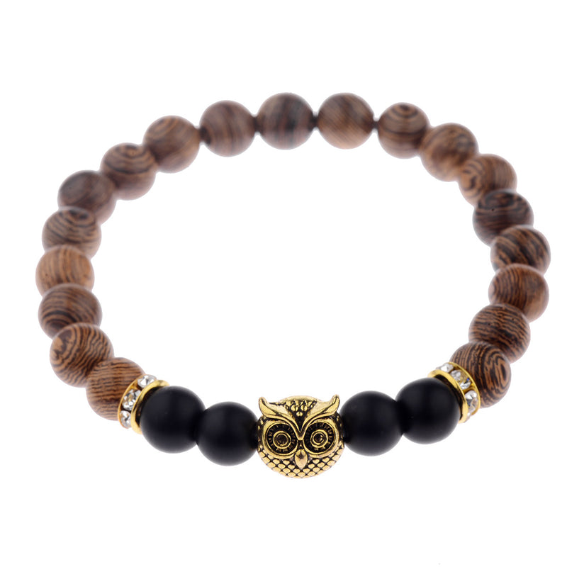 Owl Wood Grain Beaded Bracelet with Frosted Stone Accents - 3