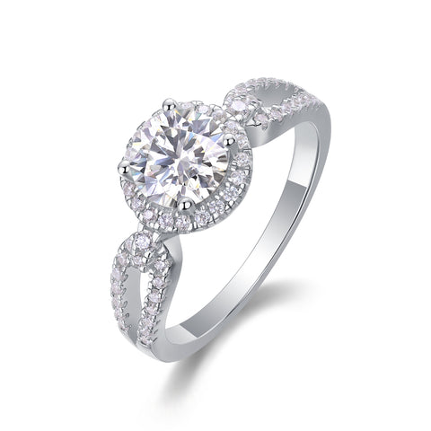 S925 Silver Moissanite Wedding Ring with Halo and Split Shank Design