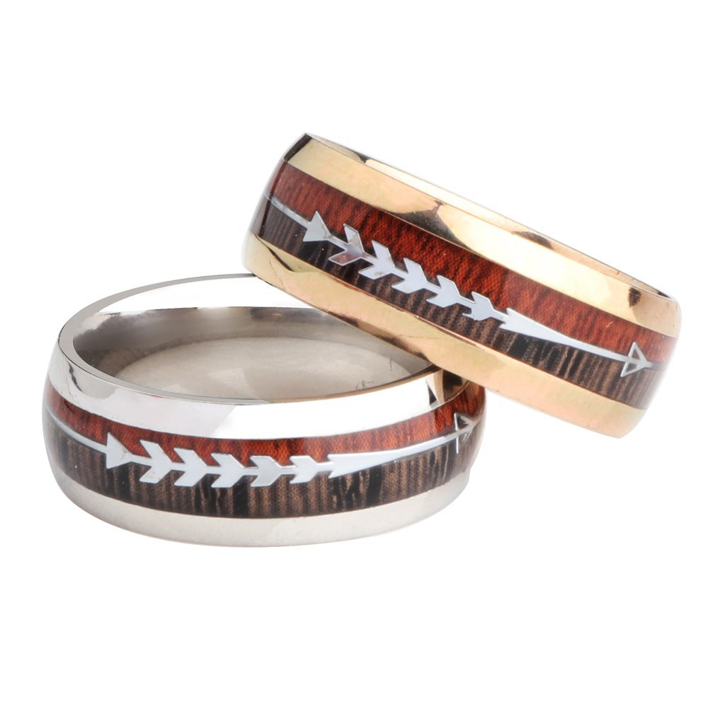 Men's Stainless Steel Ring with Wood Grain Arrow Inlay