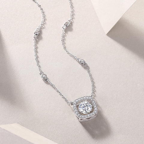 1Sweet Moissanite Pendant Necklace Set in S925 Sterling Silver with Platinum Plating