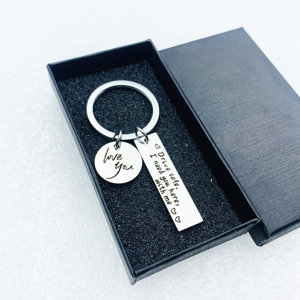 Safe Driving Stainless Steel Lettering Keychain