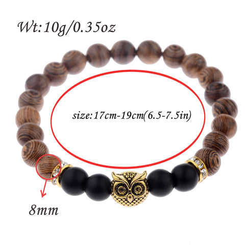 Owl Wood Grain Beaded Bracelet with Frosted Stone Accents