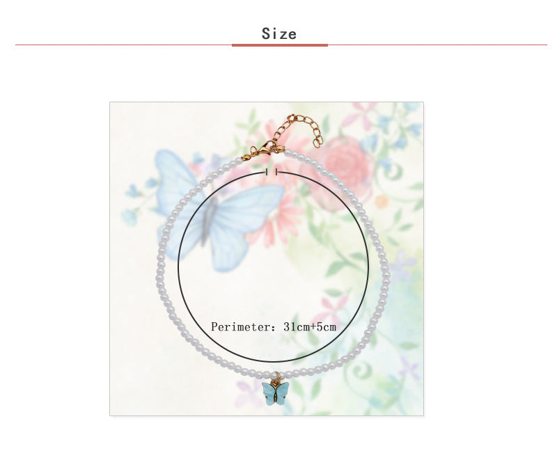 White Pearl Choker Necklace with Butterfly Charm for Women