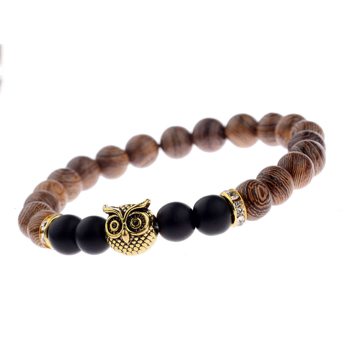 Owl Wood Grain Beaded Bracelet with Frosted Stone Accents