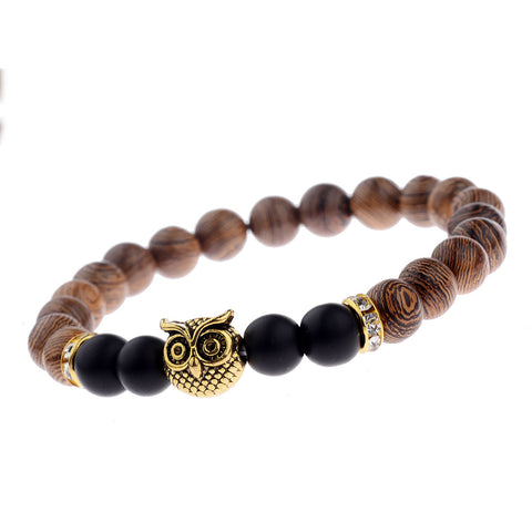 Owl Wood Grain Beaded Bracelet with Frosted Stone Accents
