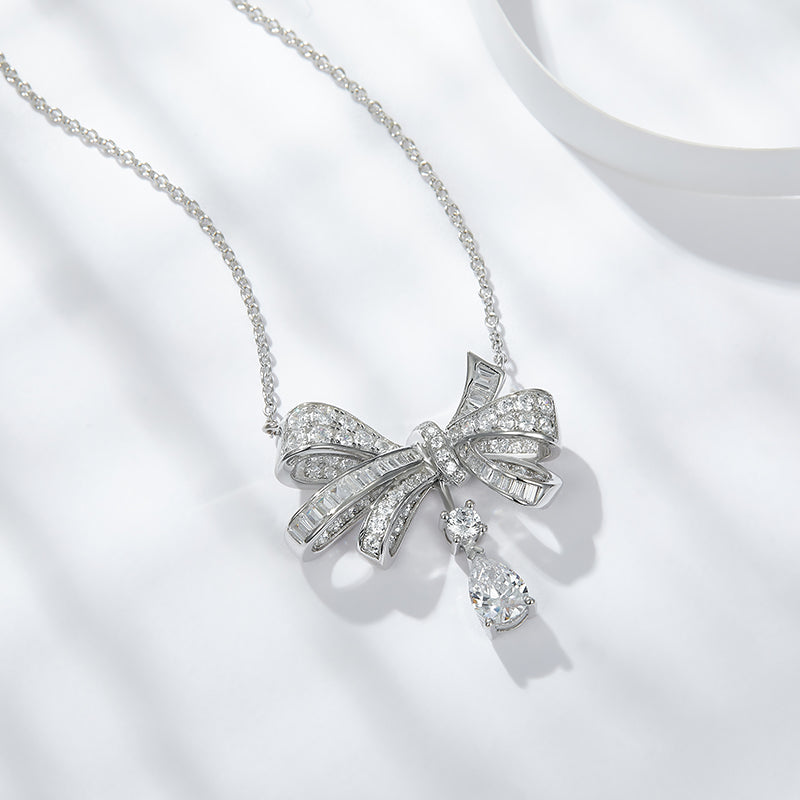1Butterfly Sterling Silver Moissanite Pendant Necklace Modern Elegant Bow Design - 2