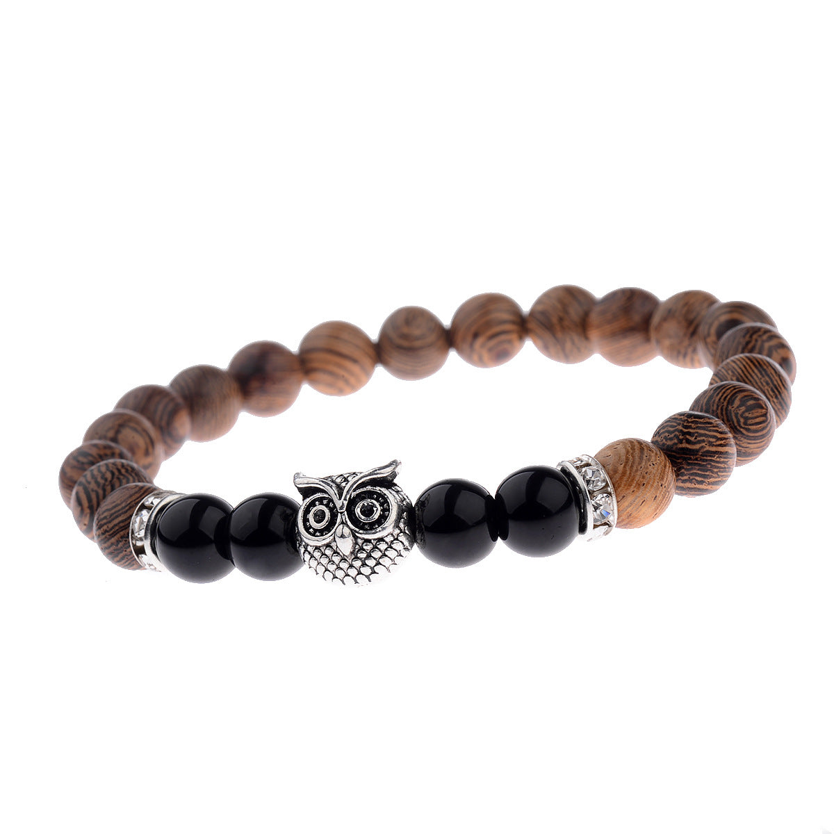 Owl Wood Grain Beaded Bracelet with Frosted Stone Accents