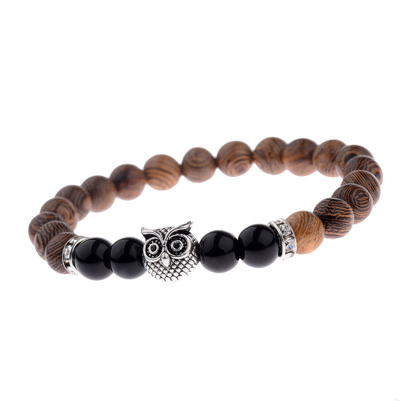 Owl Wood Grain Beaded Bracelet with Frosted Stone Accents - 10