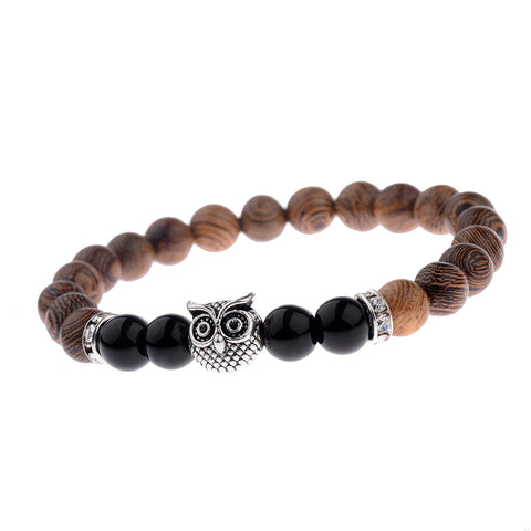 Owl Wood Grain Beaded Bracelet with Frosted Stone Accents