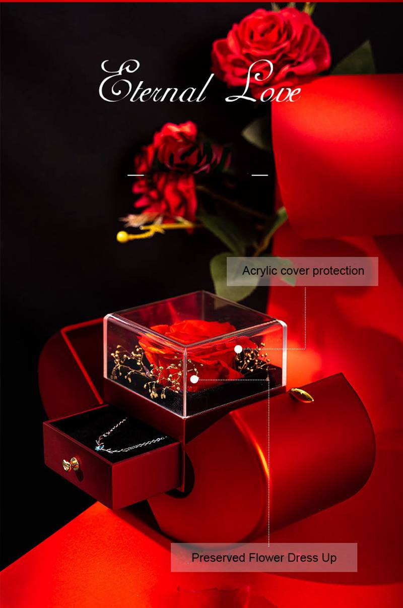 Red Apple Jewelry Box with Eternal Rose and Gold Plated Necklace Gift Set