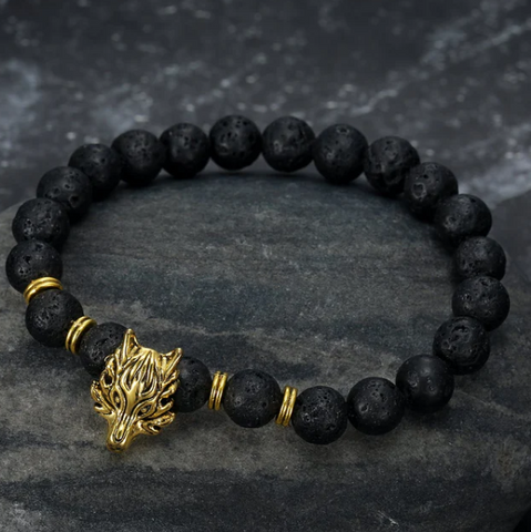 Grey Wolf Head Lava Stone Bracelet for Bold Style