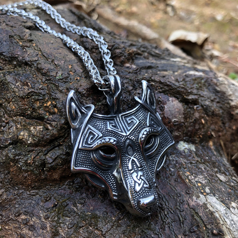 Norse Grey Wolf Head Pendant Necklace in Titanium Steel - 3