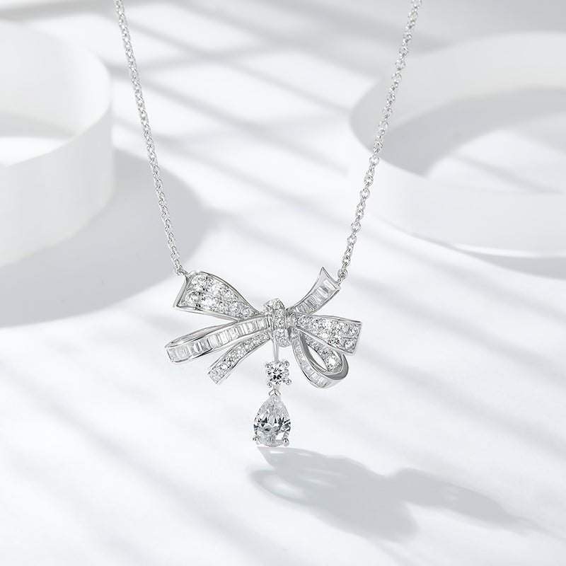1Butterfly Sterling Silver Moissanite Pendant Necklace Modern Elegant Bow Design - 1