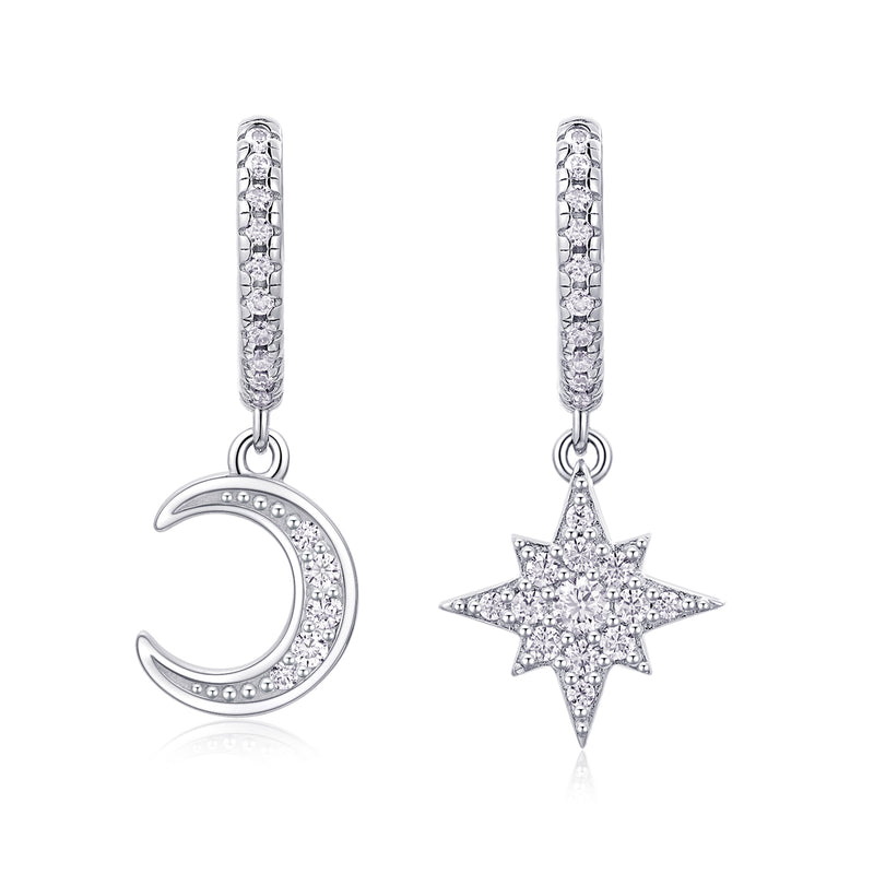 S925 Sterling Silver Star and Moon Moissanite Earrings Huggie Set - 1